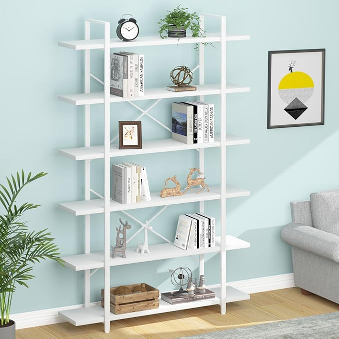 HSH 6 Tier Tall White Bookshelf, Industrial Modern Vertical Metal and Wood White Bookcases 6 Shelf,Farmhouse Open Large Storage Book Shelves & Display Book Shelf for Bedroom Living Room Office-DeskLoop Office