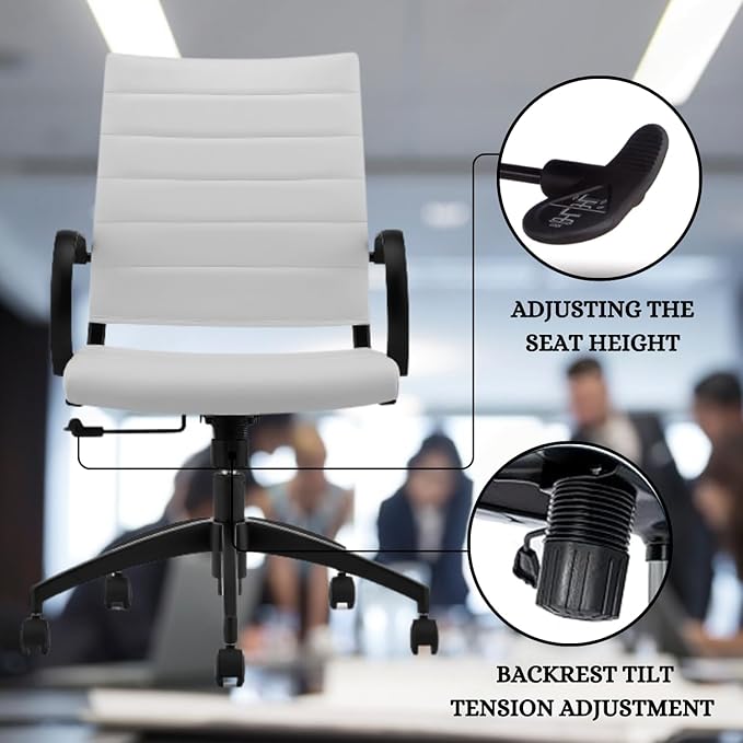 Ribbed Mid Back Conference Room Chairs - Lumbar Support, Modern Executive Home Office Chair - White Leather Seat & Black Aluminum Frame-DeskLoop Office