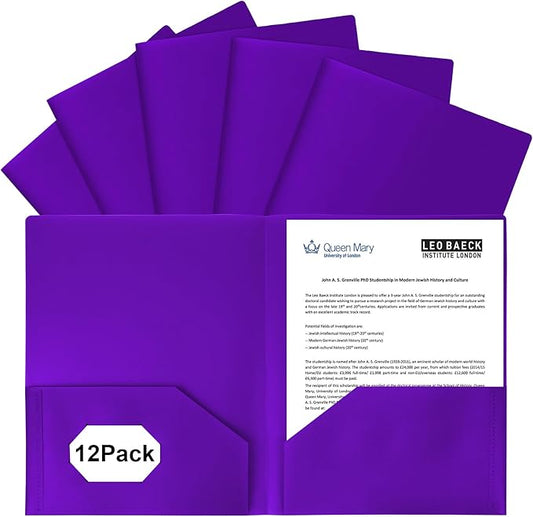 12-Pack Plastic Folders with Pockets,2-Pocket Poly Folders Holds 8-1/2" x 11" Paper for School/Office/Home, Purple