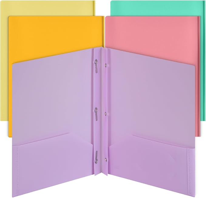 Mr. Pen- Plastic Folders with Pockets and Prongs, 5 Pack, Letter Size | Macaron by MrPen