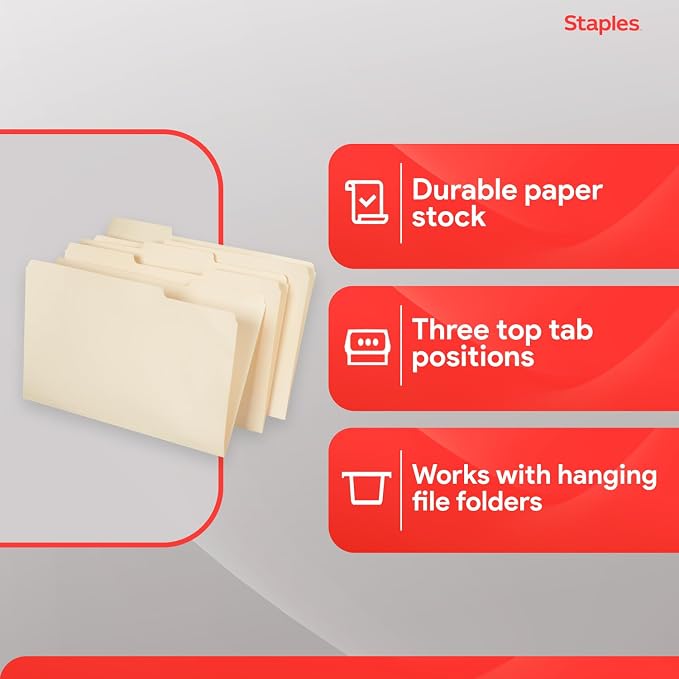 Staples Recycled File Folders, Legal Size, 1/3‑Cut Tabs, 30% Recycled Paper - Image 4