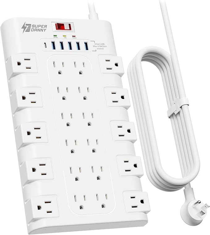 10Ft Extension Cord with Multiple Outlets, SUPERDANNY Surge Protector Power Strip (1875W/15A), 22 AC Outlets and 6 USB Charging Ports, Wall Mountable for Home, Office, Gaming Room, 2100 Joules, White-DeskLoop Office