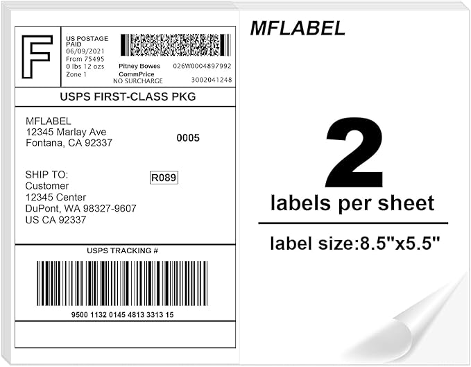 MFLABEL Half Sheet Label Laser/Ink Jet Shipping Label 8.5 x 11 Inches Packaging Labels, Address Labels for Laser & Inkjet Printers, 2500 Count(1250 Sheets)-DeskLoop Office