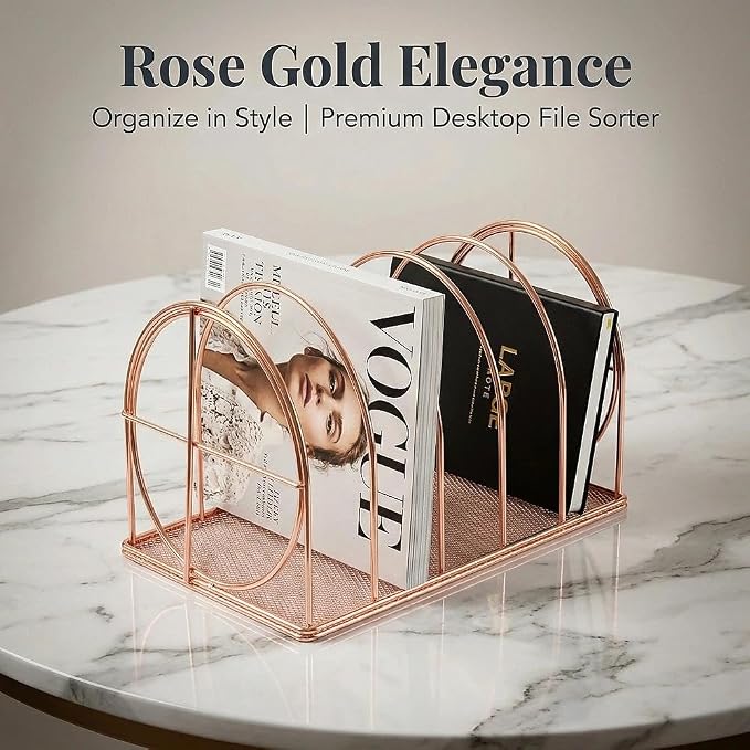 File Sorter Organizer, 5 Section Magazine Holder Rack, Desktop Round Wire Book - Image 4
