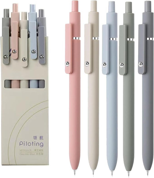 5pcs Gel Pens (0.5mm Tip), Retractable Quick Dry Black Ink Pens Fine Point Premium Cute Rolling Ball Smooth Writing Aesthetic Pens Comfort Grip for School Office Supplies (Morandi)