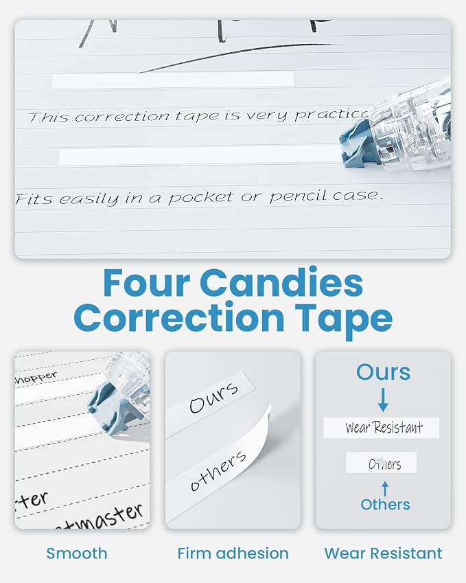 Four Candies 4 Pack Refillable Correction Tape, Pen Style, Quick Dry | - Image 7