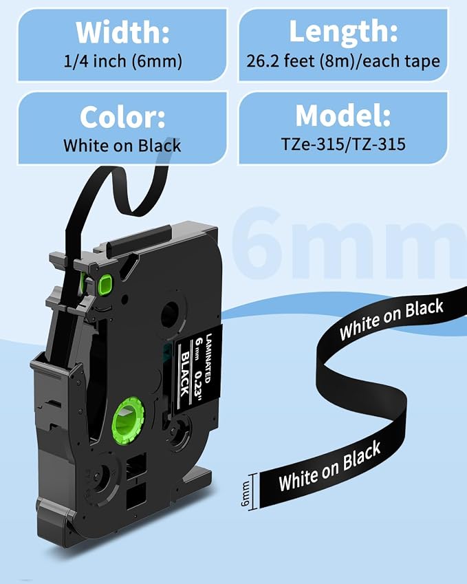 TZe TZ Tape 6mm 0.23" Laminated White on Black Replacement - Image 8