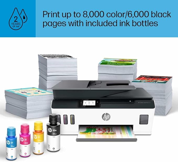 HP Smart -Tank Plus 651 Wireless All-in-One Ink -Tank Printer, up to 2 Years of Ink in Bottles, Auto Document Feeder, Mobile Print, Scan, Copy,, Fax, Works with Alexa (7XV38A)-DeskLoop Office
