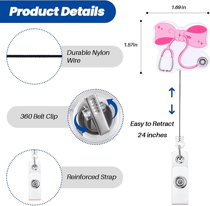 Pink Bow Stethoscope Badge Reel, Cute Retractable ID Card Badge Holder - Image 4