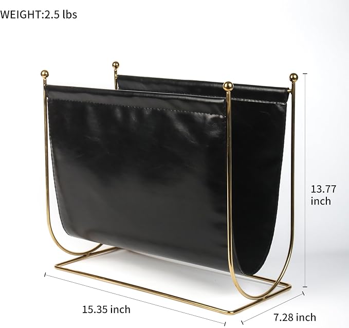 Black Leatherette Magazine Rack Holder, with Metal Ball Bracket,Modern Fashion Style for Books,Newspapers,Home Staging,Bedroom,Hotel,Offices and Living Rooms-DeskLoop Office