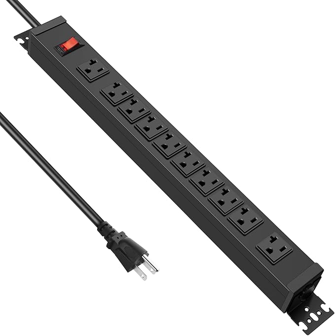 JUNNUJ Multi Angle Mount 10 Outlet 20 Amp Power Strip Heavy Duty, 2700J Surge Protector Under Desk with Switch 20A, Garage Workbench Gaming Outlet Table Wall Mountable, 10FT 12AWG Extension Cord-DeskLoop Office