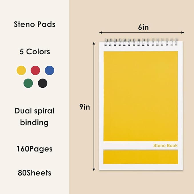 LABUK Steno Pads 6x9in10 Pack, Top Spiral Steno Notebooks, 80 Sheets Note Pads Assorted Color Gregg Rule for School, University, College, Work, Office-DeskLoop Office