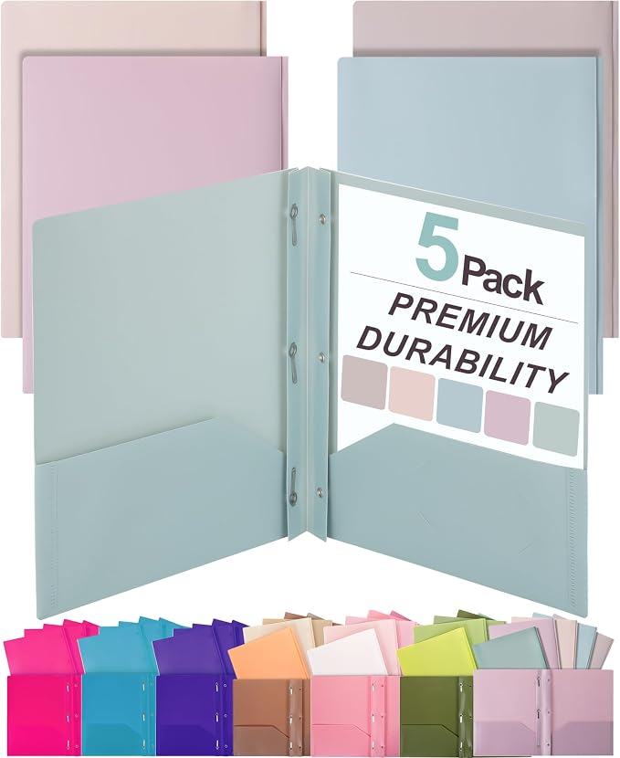 Mr. Pen- Plastic Folders with Pockets and Prong, 5 Pack | Muted Pastel Colors by MrPen