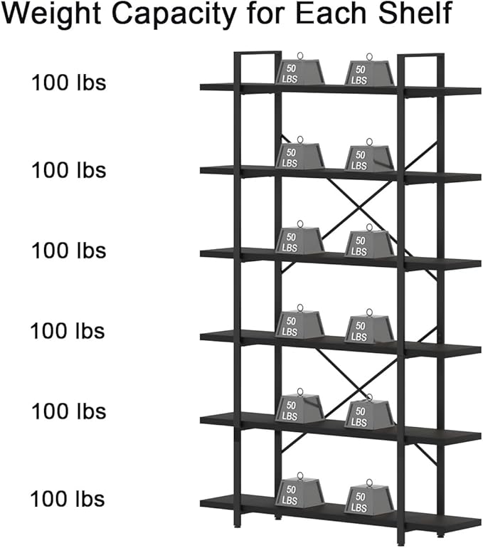 HSH 6 Tier Tall Black Bookshelf, Modern Large Storage Book Shelves & Display Book Shelf,Industrial Open Vertical Metal and Wood Black Bookcases 6 Shelf for Bedroom Living Room Office, Black Oak-DeskLoop Office