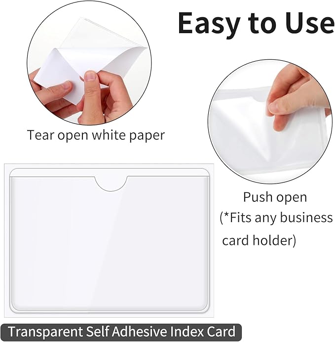 100 Pack Self-Adhesive Index Card Pockets for 3" x 5" Card,Clear Plastic Labels Holders with Top Open for Loading, Storage Bins, Library and Bins