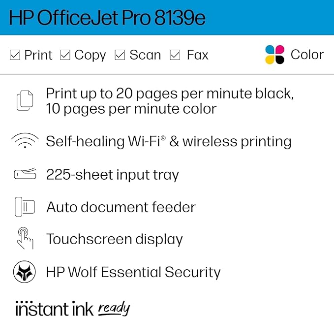 HP OfficeJet Pro 8139e Wireless All-in-One Color Inkjet Printer, Print, scan, Copy, fax, ADF, Duplex Printing Best-for-Home Office, 1 Year of Instant Ink Included (Renewed Premium)-DeskLoop Office