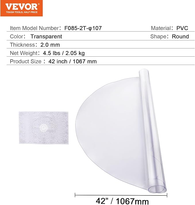 VEVOR Plastic Table Cover, 42 x 42 Inch 2.0 mm Thick Clear Round PVC Desk Mat - Image 7