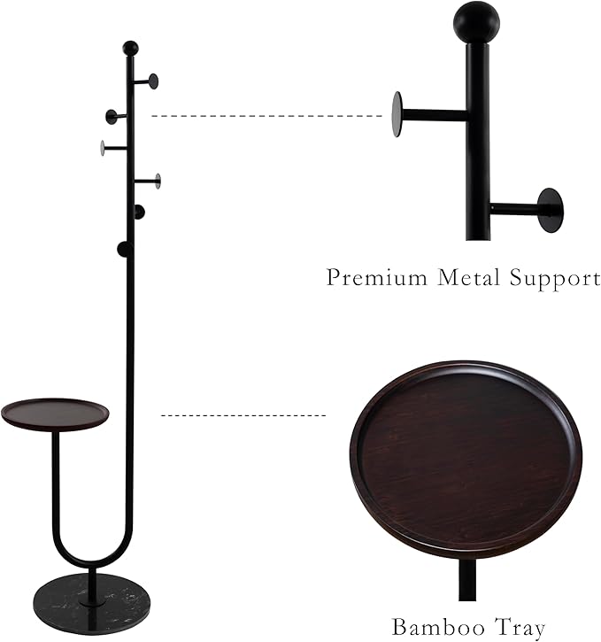 Coat Rack Stand, Metal Coat Tree with Bamboo Tray & 6 Hooks, Heavy Duty Marble Base Corner Coat Stand for Bedroom Hallway Entryway Living Room Office 13.78 x 13.78 x 68.11 Inches (Black)-DeskLoop Office
