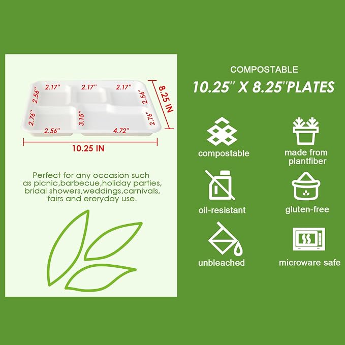 Vplus 100% Compostable Small 5 Compartment Plates 125 Pack 10.25 x 8.25 inch - Image 3