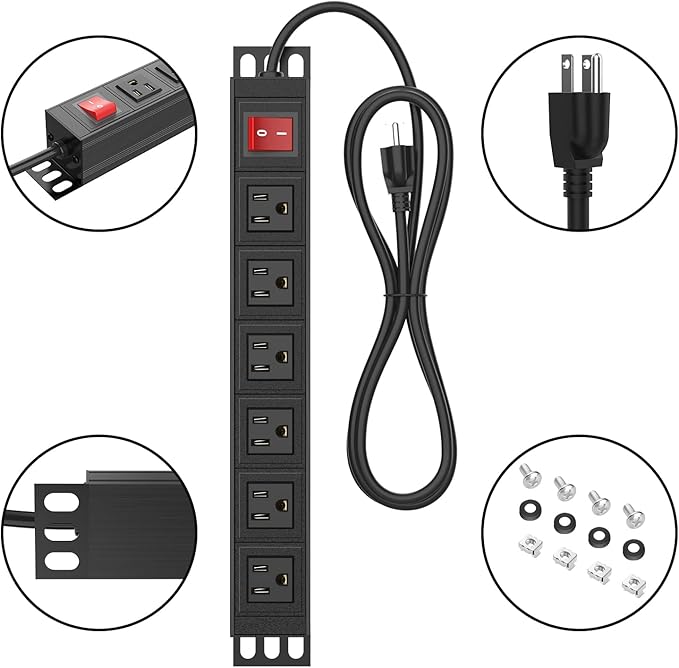 20PCS 6 Outlet Power Strip, Metal Mountable Power Strip Surge Protector, Heavy Duty Wall Mount Power Outlet for Commercial, Industrial, Workshop, Long Power Cord, 15A/125V 1875W-DeskLoop Office