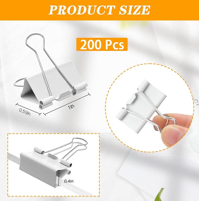 Jetec 200 Pack 1in/25mm White Metal Binder Clips Bulk Medium Reusable Fold Back - Image 2
