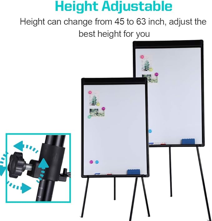 Dry Erase Easel 36" x 24", Height Adjustable Magnetic White Easel Board with Tripod Stand, Office Presentation Board with 25 Sheets Flipchart Pad, Magnets & Eraser, Black-DeskLoop Office