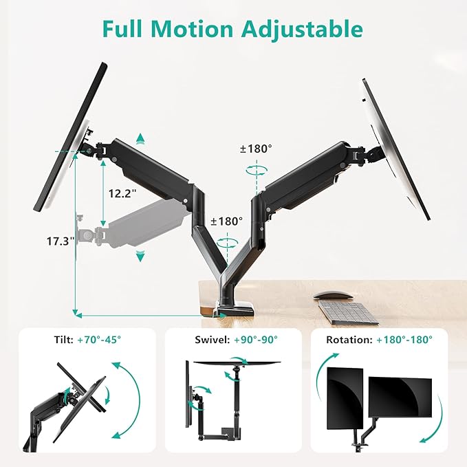 WALI Dual Monitor Stand for 17-32 inch Computer Screens, Dual Monitor Arms for 2 Monitors Holds up to 22 lbs, Height Adjustable Gas Spring Dual Monitors Mount, VESA 75x75/100x100mm (GSMP002N), Black-DeskLoop Office