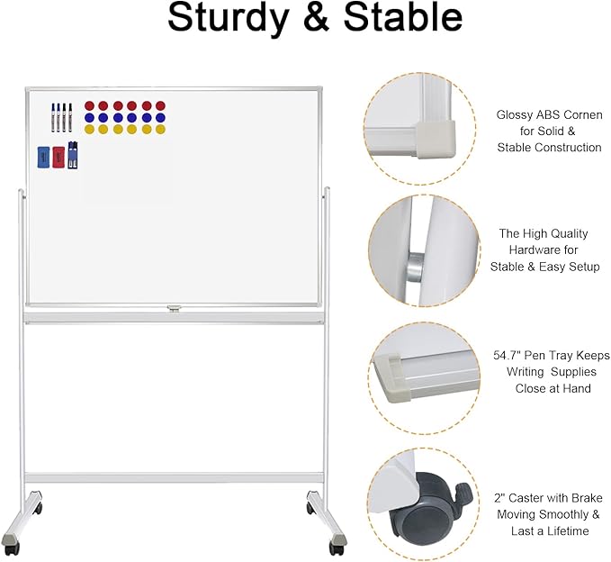 H-Qprobd Rolling Whiteboard with Stand 48"x36" Double-Sided Mobile Magnetic Dry Erase Board on Wheels for Home, Office & School-DeskLoop Office