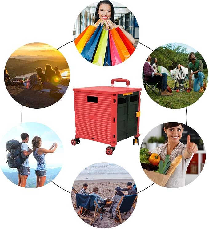 FELICON SELORSS Foldable Utility Cart Folding Portable Rolling Crate-Red | - Image 5