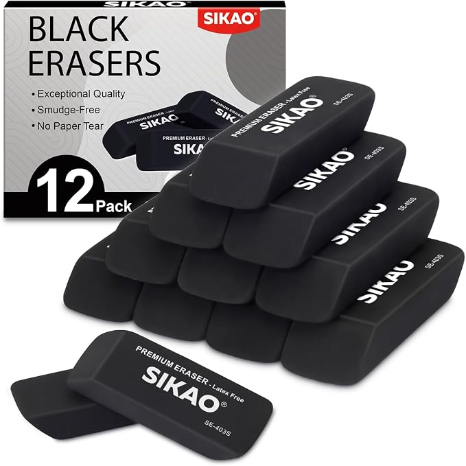 Black Erasers, 12 Pack Block Pencil Erasers | Latex-Free & Smudge-Free Beveled by Sikao