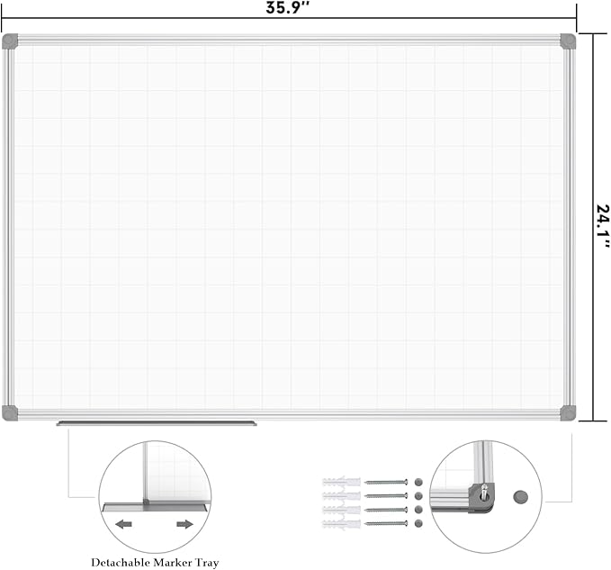 JILoffice Magnetic Dry Erase Planning Board, Grid Pattern White Board 36 x 24 Inch, Silver Aluminum Frame with Detachable Marker Tray for Office School and Home-DeskLoop Office