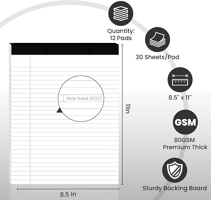 12pcs Legal Pads 8.5 x 11, Notepads 8.5 x 11 Inch, 30 Sheets/Pack, Perforate - Image 2