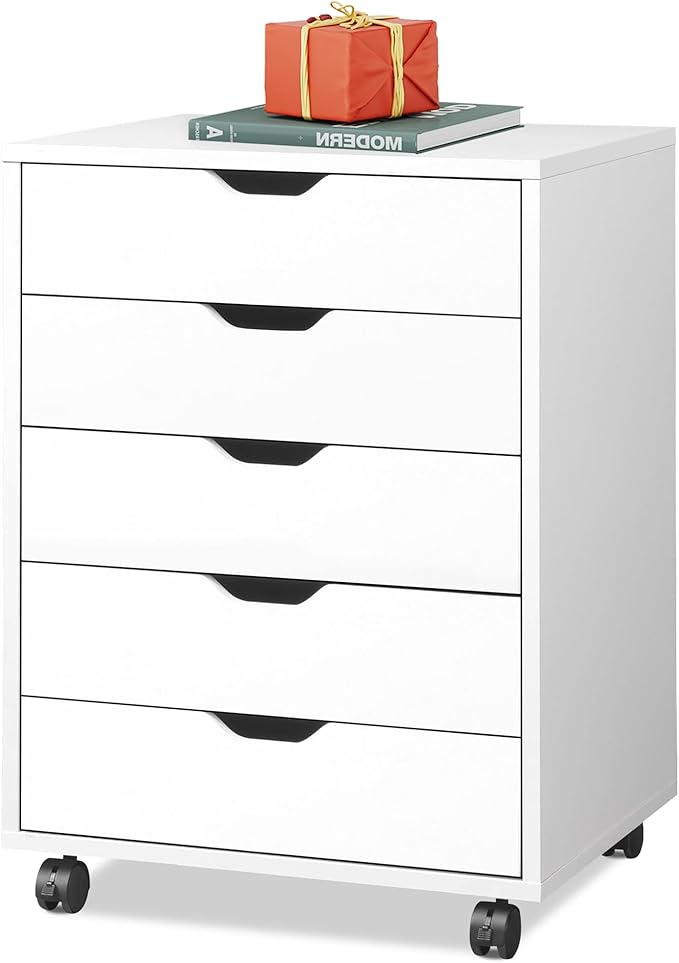 DEVAISE 5-Drawer Chest, Wood Storage file Cabinet with Wheels, White-DeskLoop Office
