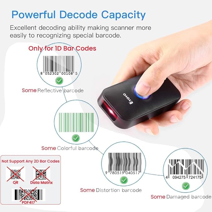 Eyoyo Mini 1D Bluetooth Barcode Scanner, 3-in-1 Bluetooth & USB Wired & 2.4G Wireless Barcode Reader Portable Bar Code Scanning Work with Windows, Android, iOS, Tablets or Computers-DeskLoop Office