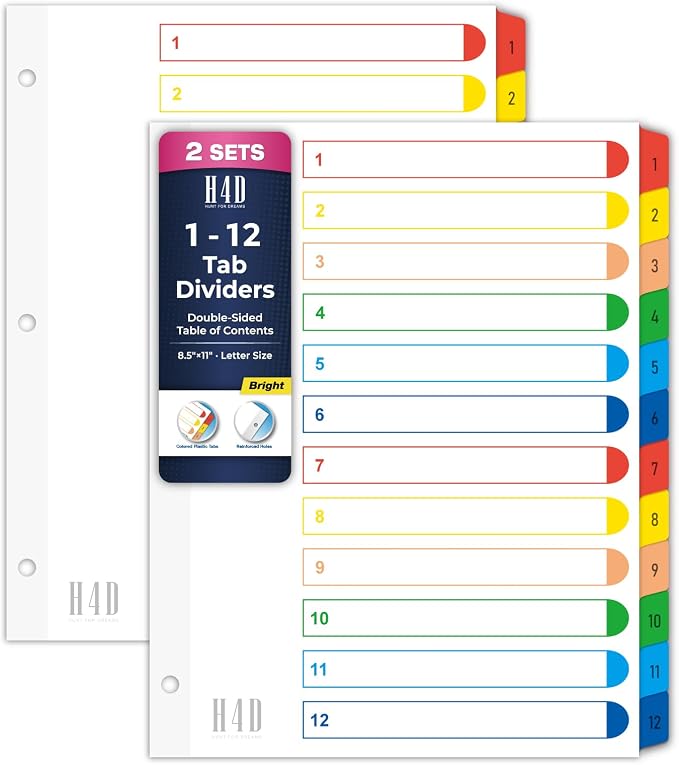 H4D 12 Tab Dividers for 3-Ring Binder, Numbered 1-12 Multicolor Tabs by H4D