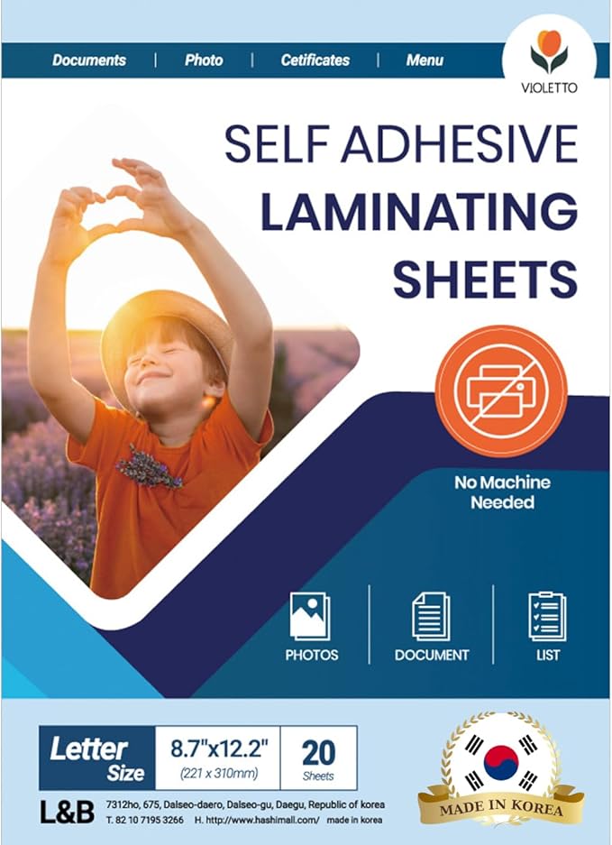 Self Stick Laminating Sheets 8.7 x 12.2 Inches, 4mil, Pack of 20, No Heat, No Machine, Peel and Stick Laminating Sheets, Self Adhesive Contact Paper, Self Sealing Clear Vinyl Stickers by VIOLLETO"-DeskLoop Office