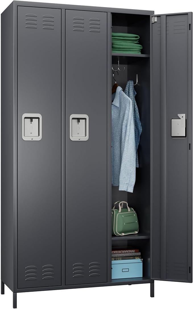 Metal Storage Locker with 3 Doors,Metal Locker for Employees with 9 Hooks for School Garage Office Gym Home,Assembly Required,Dark Grey-DeskLoop Office