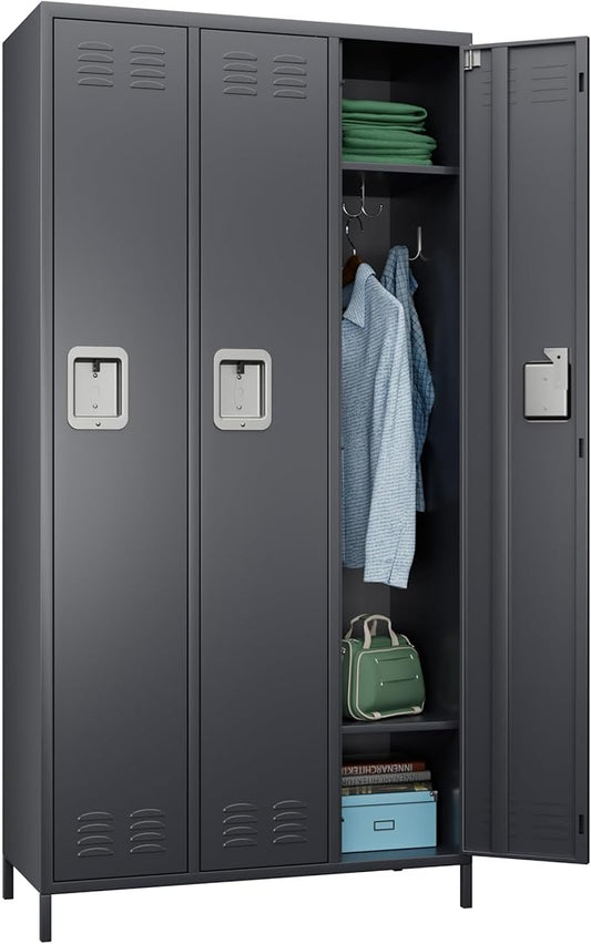 Metal Storage Locker with 3 Doors,Metal Locker for Employees with 9 Hooks for School Garage Office Gym Home,Assembly Required,Dark Grey-DeskLoop Office