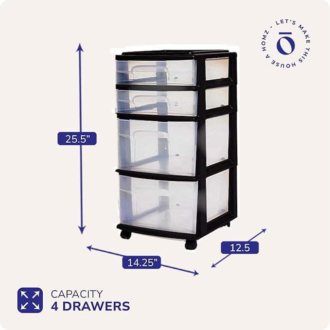 HOMZ Drawer Tower, 4-Tier Clear Plastic Storage Organizer Cart, and Office - Image 3