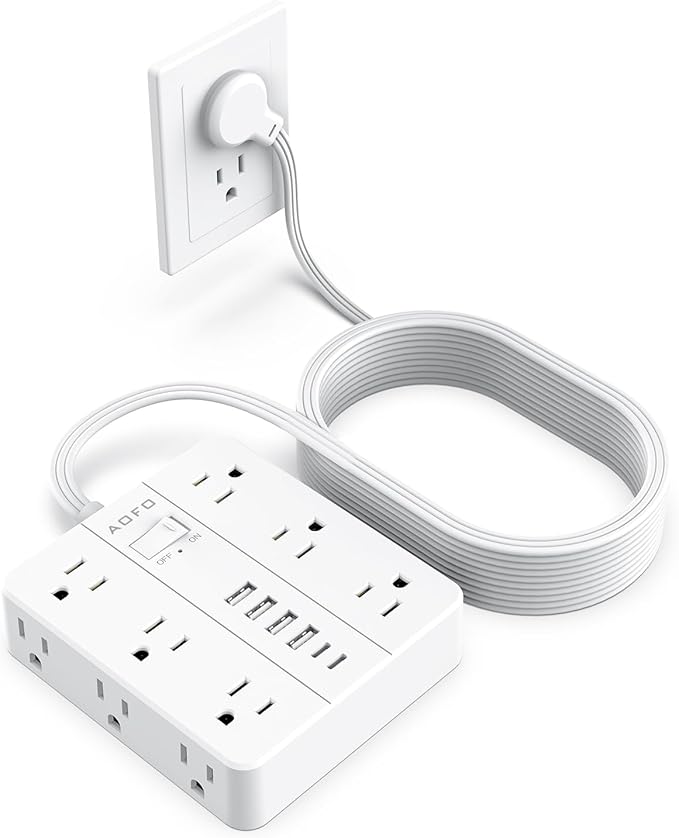 25FT Surge Protector Power Strip,12 AC Outlets with 6 USB Ports (2 USB-C), Flat Plug Extension Cord with Multiple Outlets, Wall Mount for Home Office,Dorm, White-DeskLoop Office