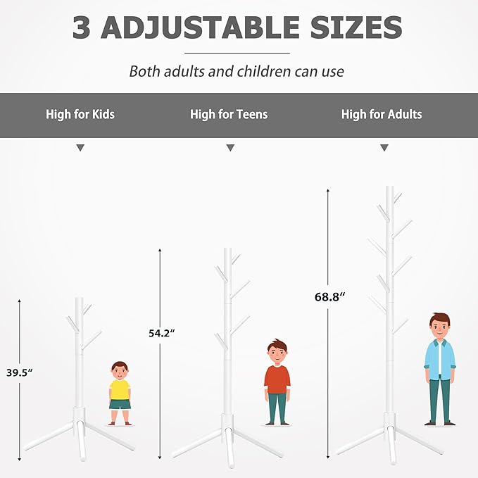 Wooden Coat Rack, Free Standing Coat Rack with 8 Hooks 3 Adjustable Heights for Clothes, Hats, Handbags, Coat Tree Easy Assembly for Entryway, Bedroom, Hallway, Office (New White)-DeskLoop Office