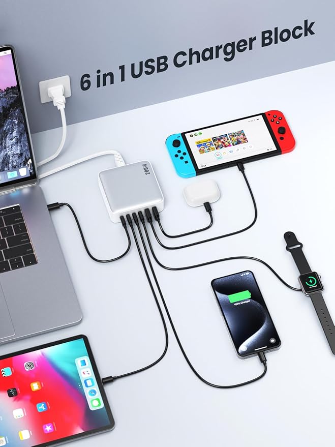 USB C Charger Block 200W[2025 Upgraded] GaN III 6 Port Fast Charging Station Hub,PD 65W USB C Laptop Charger Compatible with MacBook Pro/Air,iPad,iPhone 16/15,Galaxy S23/S24 Steam Deck Dell XPS etc-DeskLoop Office