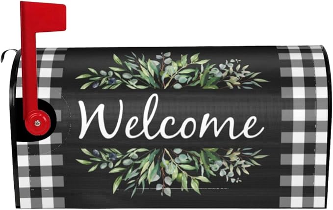 Wreath Buffalo Plaid Mailbox Covers, Welcome Magnetic Mailbox Cover, Plaid and by Yomane