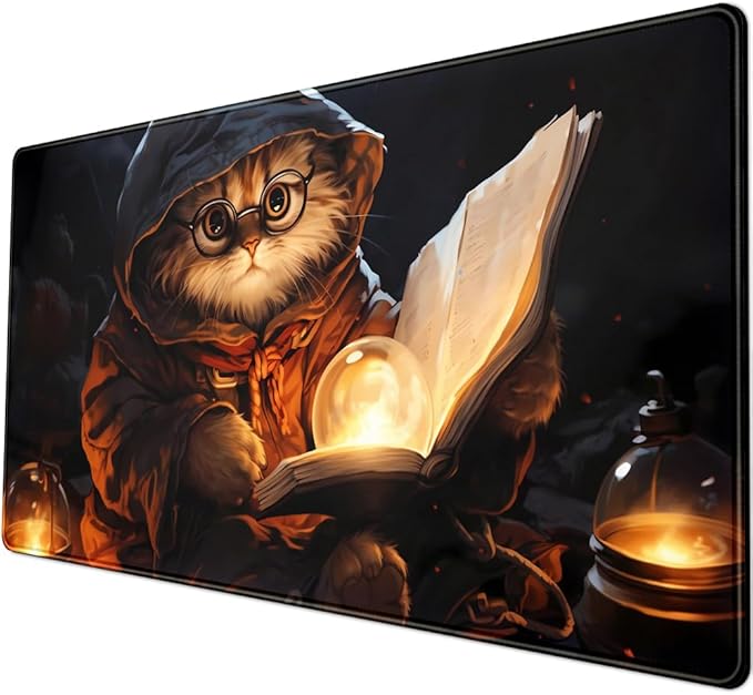 Magical Cat Desk Mouse Mat Black Vintage Desk Pad Playmat for MTG Large Mousepad Gaming Deskpad XXL Keyboard Mouse Pad Full Desktop Mat Desk Cover Mat for Work Office Home (31.5x15.7 in)-DeskLoop Office