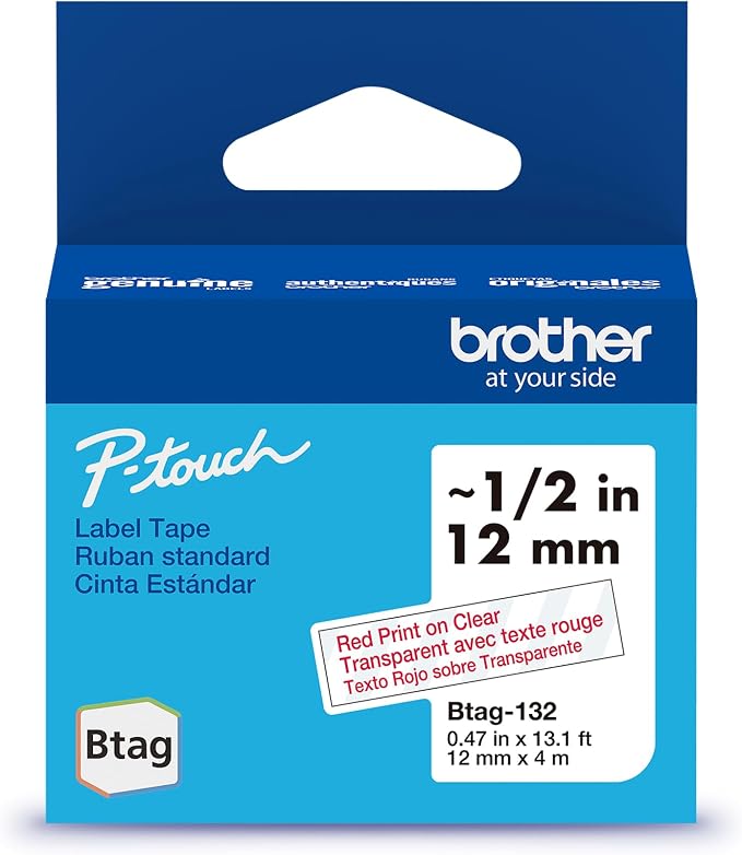Brother Genuine P-Touch Btag BTAG132 Red on Clear Label Tape ~1/2in by 13.1ft. by Unknown