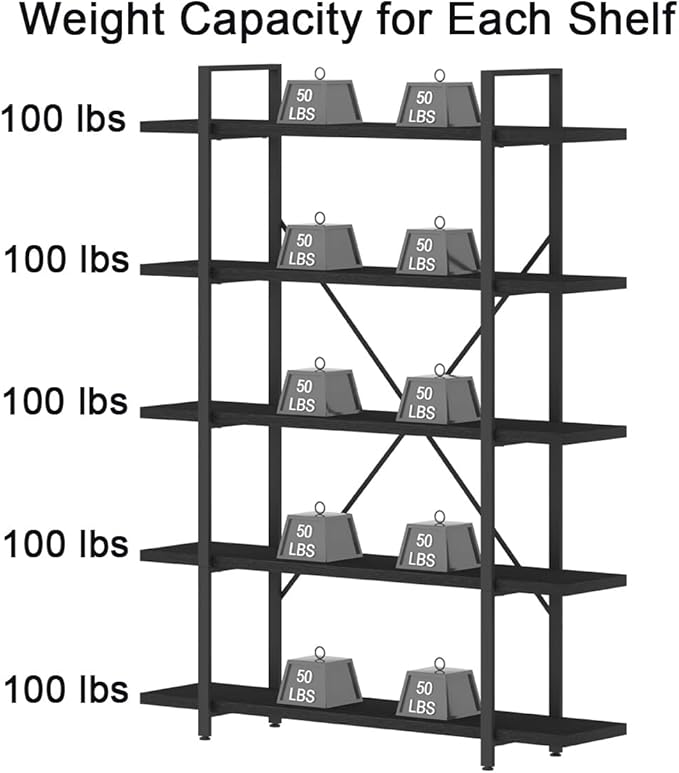 HSH 5 Tier Tall Black Bookshelf, Wood and Metal Storage Book Rack, Industrial Modern Etagere 5 Shelf Bookcase, Large Wide Open Display Book Shelf for Bedroom Living Room Office, Bookshelves Heavy Duty-DeskLoop Office