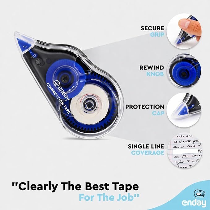 Enday White Out Correction Tape, Jumbo Corrective Tape 32.8 Feet, Plastic Blue - Image 3