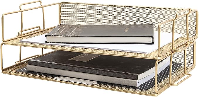 BLU MONACO | Paper Tray Stackable Gold Mesh Set of 2 | Stackable File Trays by Blu_Monaco