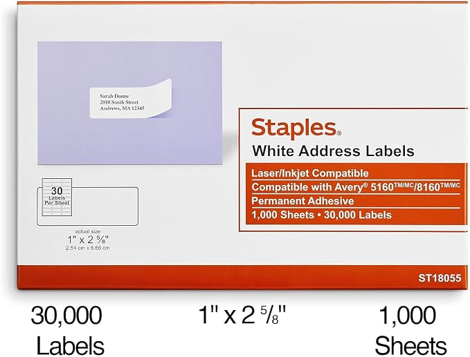 Staples Address Labels, Laser/Inkjet Compatible, Permanent Adhesive, 30 - Image 2