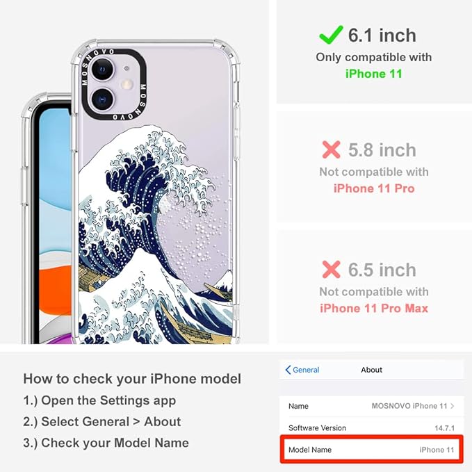MOSNOVO Case for iPhone 11, [Buffertech 6.6ft Military-Grade Drop Protection] [Anti Peel Off Tech] Clear TPU Bumper Phone Case Cover Design - Great Wave-DeskLoop Office
